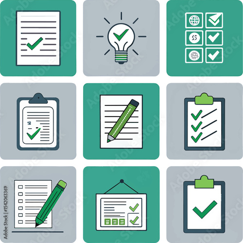 Checklist icons set green and gray for project management