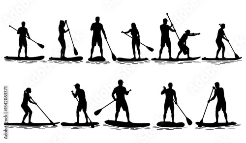 Dynamic Collection of Paddle Boarder Silhouettes – Featuring Male and Female Athletes Enjoying Stand-Up Paddling, Ideal for Water Sports and Outdoor Lifestyle Designs