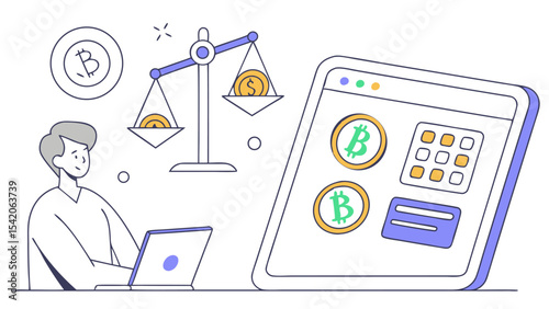 Man using laptop with bitcoin balance scale and digital interface showing cryptocurrency options displayed