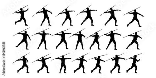 Dynamic Sequence of Javelin Thrower Silhouettes – Capturing Various Phases of the Athletic Discipline, Ideal for Sports, Fitness, and Olympic Event Designs