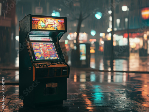 Neon lights flicker in a bustling urban square where a vintage arcade machine stands tall. A holographic joystick glows, inviting passersby to experience nostalgic gaming in a cyberpunk setting