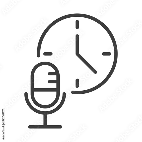 podcast time clip art icon symbol, microphone and clock, live streaming, content creation, isolated line vector illustration