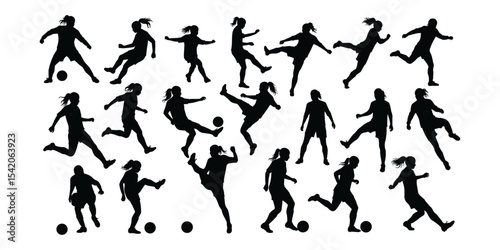 Dynamic Silhouette Collection Women Playing Soccer, Football Action Poses, Sports Illustration, Teamwork, Fitness Art