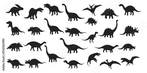 Diverse Silhouettes of Dinosaurs and Prehistoric Animals for Educational Use, Science Illustration, Vector Art, and Fossil-Themed Designs, Black Icon Collection