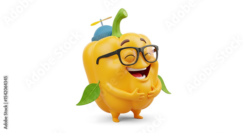 Laughing Yellow Pepper Nerd Character with Propeller Hat