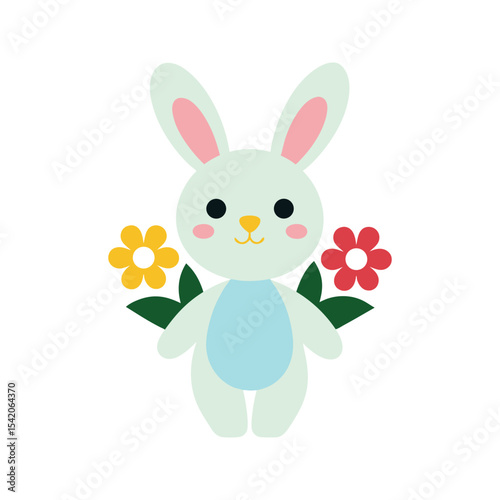 Sweet bunny surrounded by blooming Easter flowers in spring setting Vector illustration