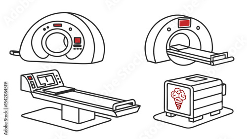 Illustration showing medical imaging equipment including mri and ct scan machines and medical bed unit