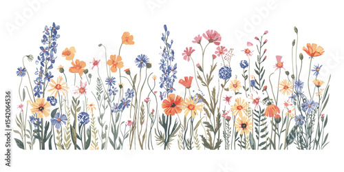 Beautiful watercolor wildflower border with colorful meadow blossoms, botanical floral pattern, spring and summer nature illustration isolated on white background