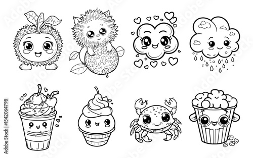 Black and white cartoon drawings of fruit clouds sweets a crab and popcorn