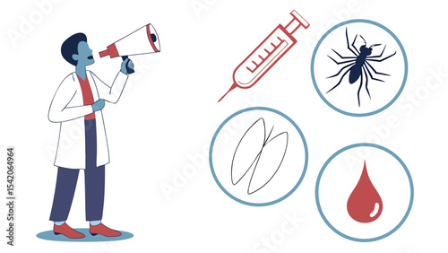 Doctor with megaphone, syringe, mosquito, parasite, and blood drop representing medical health issues