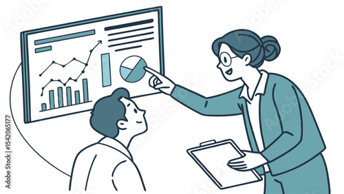 Woman presenting data on screen to man with graphs and charts in business meeting setting scenario scene