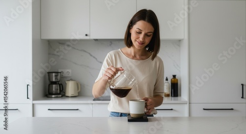 Young caucasian female brewing coffee at home in a modern kitchen.