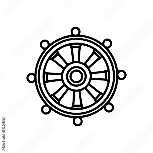Black and white outline of a Dharma wheel with eight spokes and circular accents