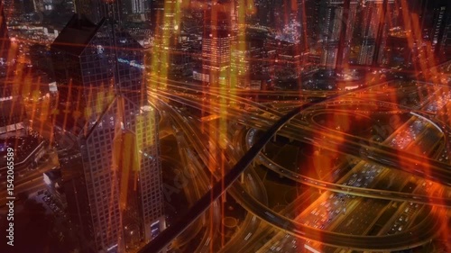 image of data processing over cityscape. global business, digital interface, connections and digital interface concept digitally generated image.