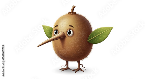 Kiwi Bird Cartoon Character with Leaves