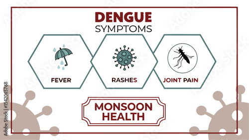 Dengue symptoms infographic featuring fever, rashes, and joint pain with monsoon health information