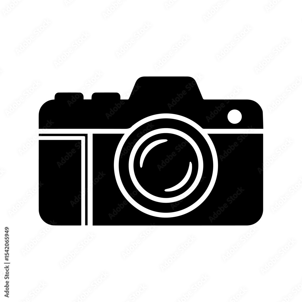 Black digital camera silhouette with lens and button on a white background Black digital camera silhouette with lens and button on a white background