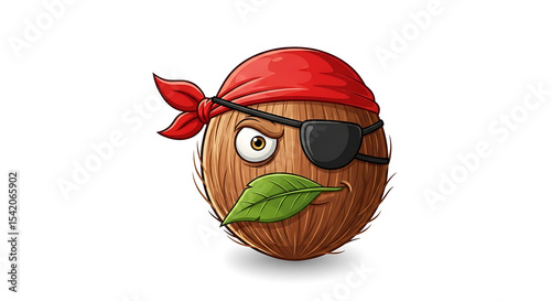 Coconut Pirate Cartoon Character with Leaf in Mouth