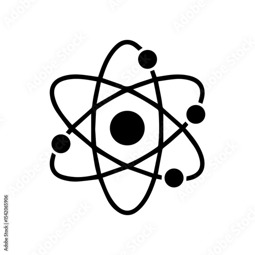 Black atomic symbol with a dark central nucleus and orbiting electrons on a white background