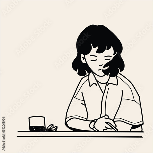 Stylish Line Art Illustration of a Girl Writing at a Desk
