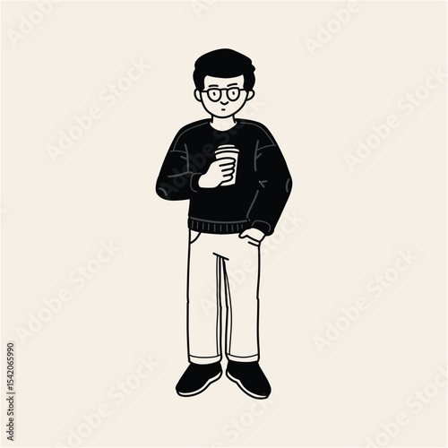 Stylish Man with Coffee Line Art Illustration