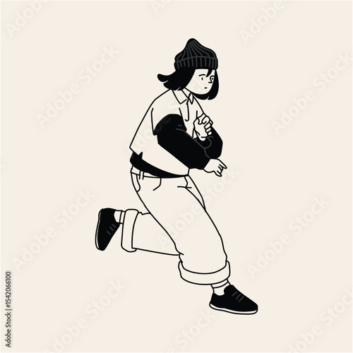 Stylish Girl in Motion Black and White Line Art Illustration