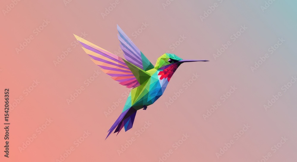 Obraz premium A colorful polygonal hummingbird in flight against a soft gradient background