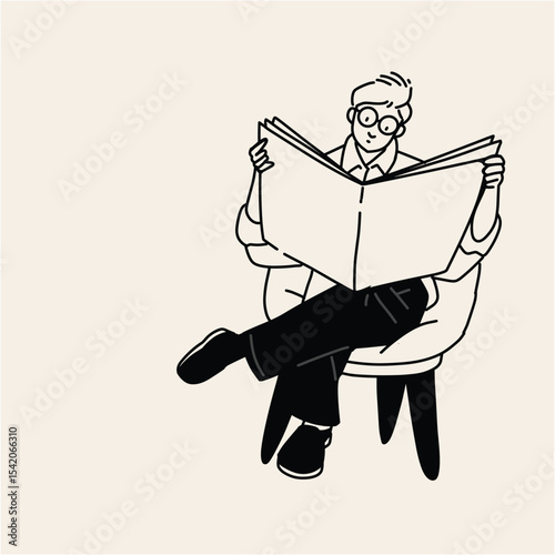 Relaxed Man Reading Newspaper in Comfortable Chair Line Art Illustration