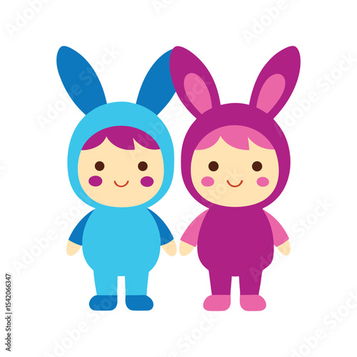 Playful kids dressed in charming bunny costumes celebrating Easter Vector illustration