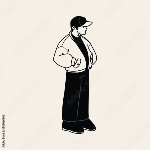 Stylish Man in Baseball Cap and Bomber Jacket Line Art Illustration