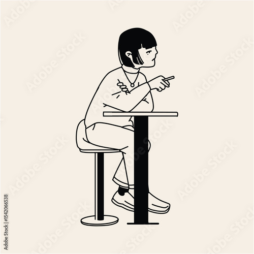Stylish Girl at a Cafe, Minimalist Line Art Illustration
