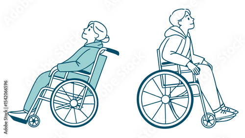 Two people sitting in wheelchairs looking up with a hopeful and positive expression on their faces