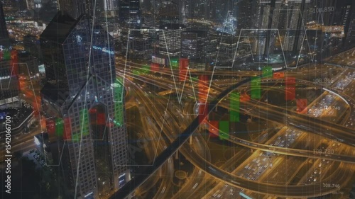 image of data processing over cityscape. global business, digital interface, connections and digital interface concept digitally generated image.