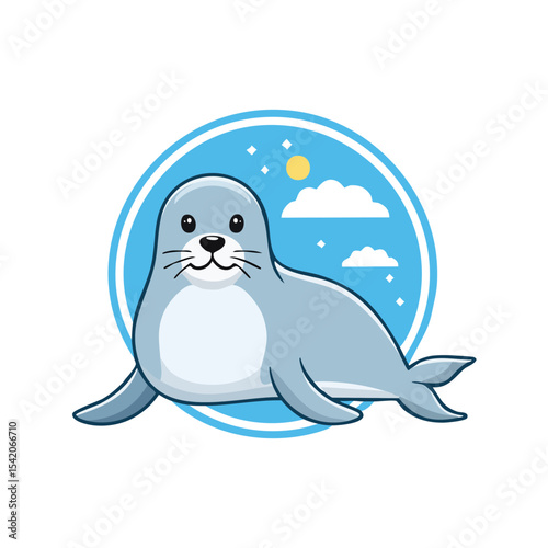 A cute seal is happily relaxing in a sunny, serene environment, with clouds, sun, and stars in the background. A symbol of joy and tranquility, often associated with aquatic life and coastal regions