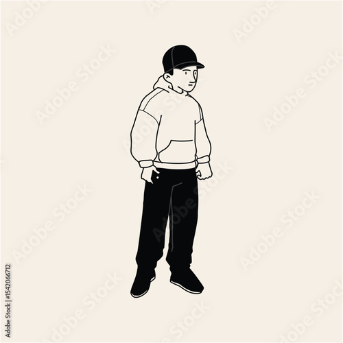 Stylish Minimalist Line Art Illustration of a Person in a Hoodie and Cap
