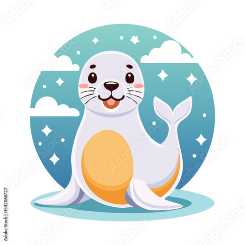 A delightful illustration of a cute seal pup against a playful arctic backdrop. The seal has big, expressive eyes and a sweet smile