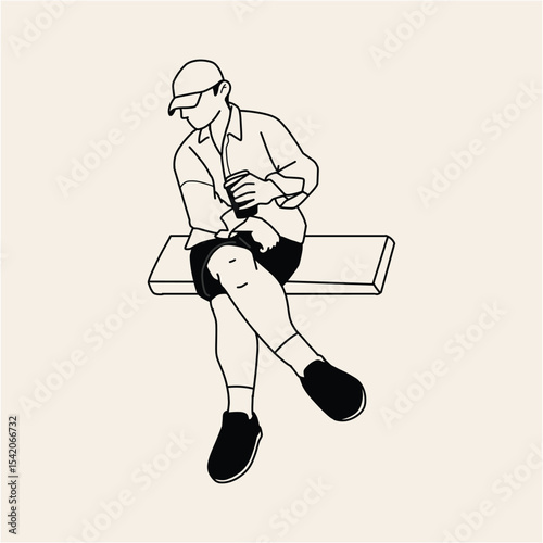 Man Sitting on Bench Enjoying a Drink Minimalist Line Art Illustration