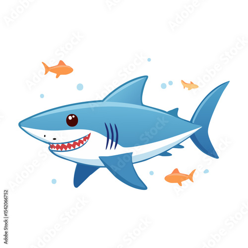 A cartoon shark smiling and swimming with small fish