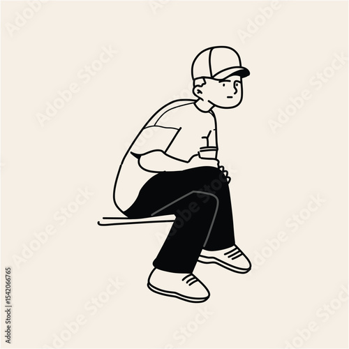 Thoughtful Young Man Sitting, Line Art Illustration