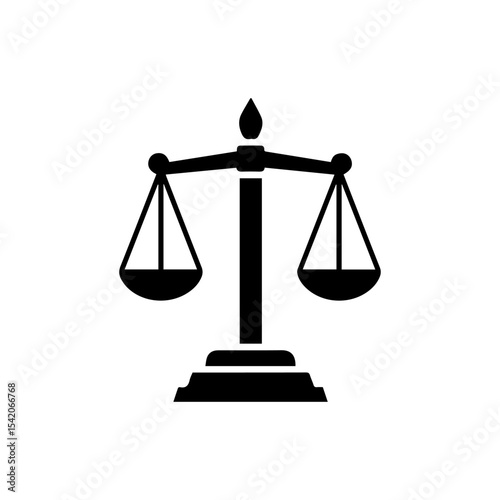 Black silhouette of balanced scales of justice on a white background
