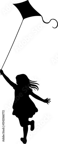 silhouette illustration of a girl playing a kite, isolated on white