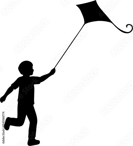 silhouette illustration of a boy playing a kite, isolated on white