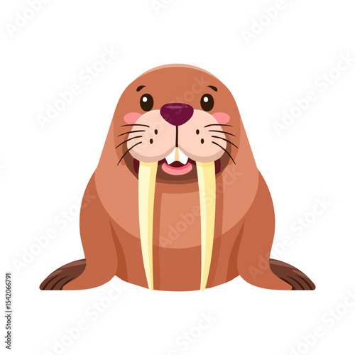 A cute cartoon walrus with long ivory tusks, and a happy smile
