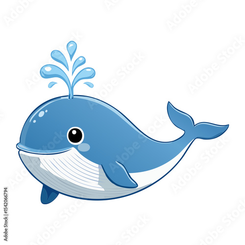 A charming cartoon illustration of a playful blue whale with a water spout 