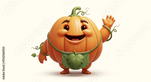 Cheerful Pumpkin Character Waving Hello