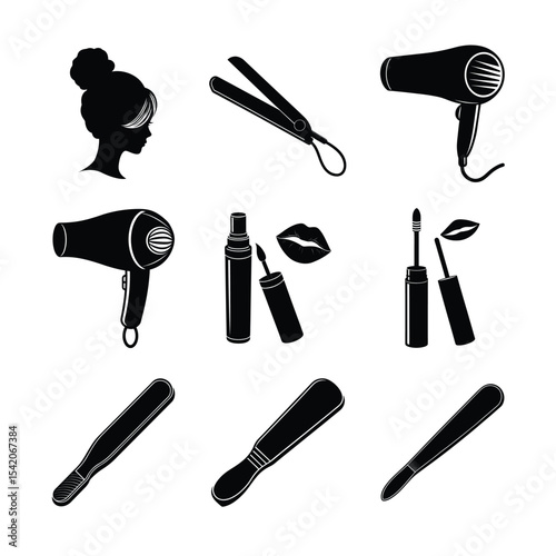 Minimalist collection of beauty parlor essentials and icons Silhouette Vector illustration
