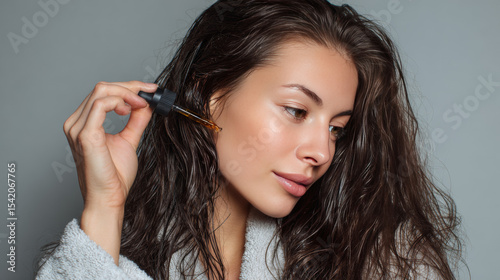 Hair treatment and hair care with serum oils that penetrate the hair cell layer and scalp help repair damaged hair. Realistic vector illustration.