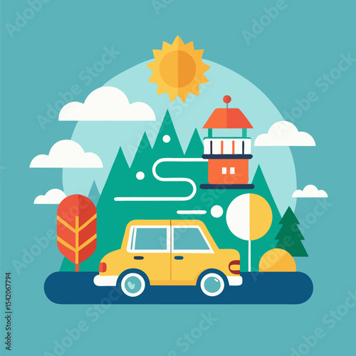Summer vacation road trip concept illustration with car and travel icons