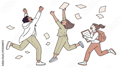 Three people joyfully running and celebrating with papers flying around them in a happy atmosphere