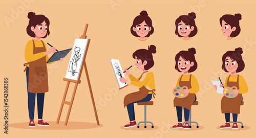 Female Artist Character Set with Painting Tools 3